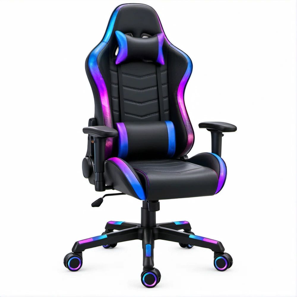 Cadeira de Gaming Ergonómica Reclinável em Pele Sintética PU Preta com Detalhes Azuis, Roxos e Rosa, 66 x 66 x 120-130 cm