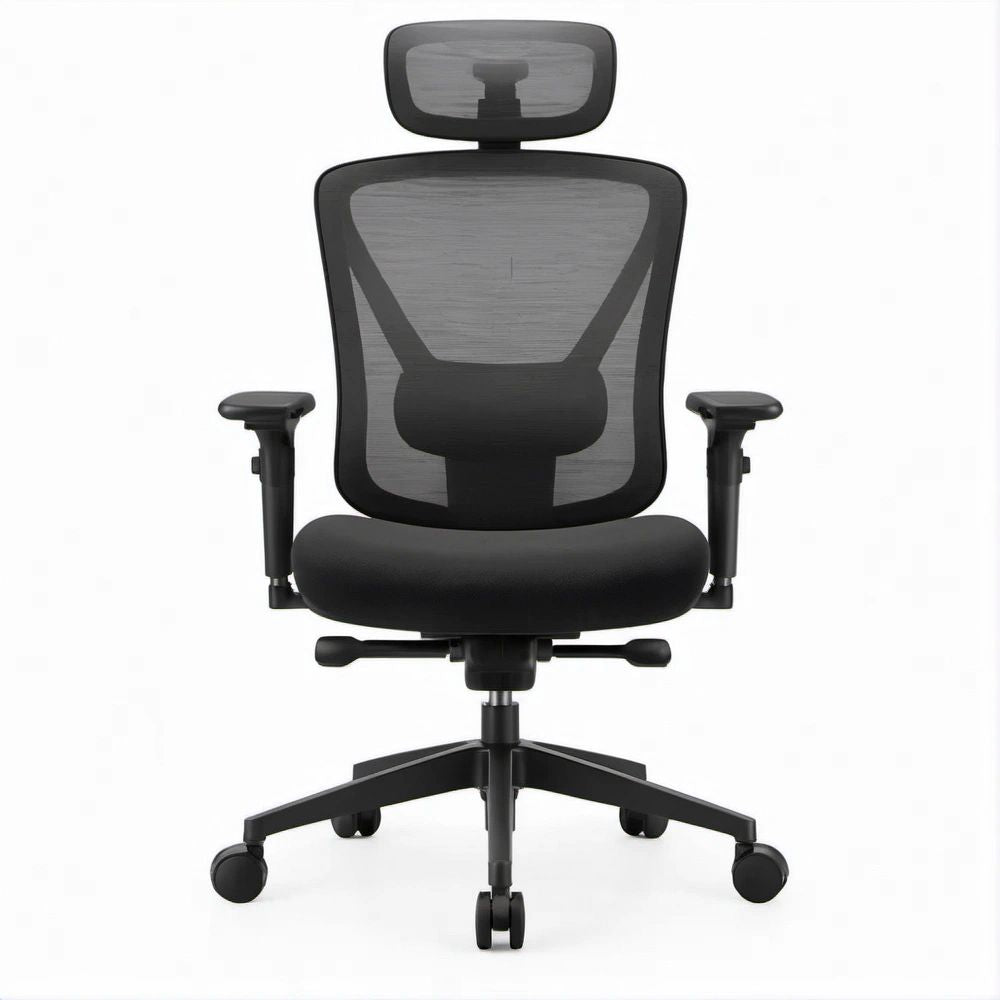Cadeira Ergonómica Giratória Preta com Encosto em Malha e Apoio de Cabeça, 64 x 64 x 118-128 cm