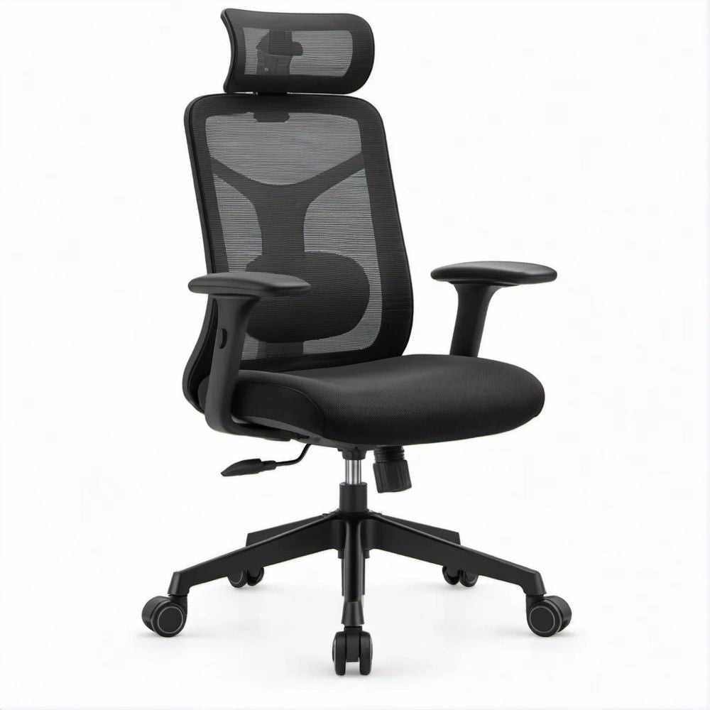 Cadeira de Escritório Ergonómica Giratória Preta em Malha e PU, 65 x 65 x 116-126 cm