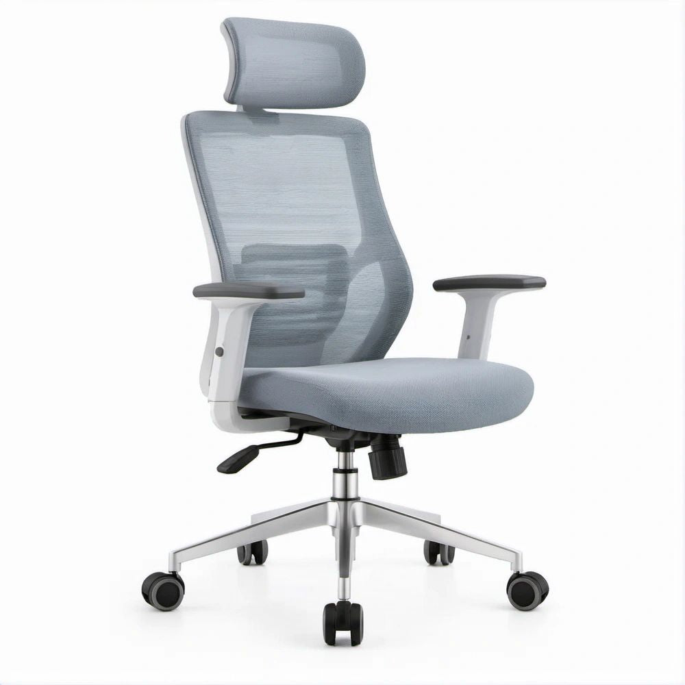Cadeira Ergonómica Cinzenta com Encosto em Malha, Apoio de Cabeça e Rodízios, 66 x 66 x 118-128 cm