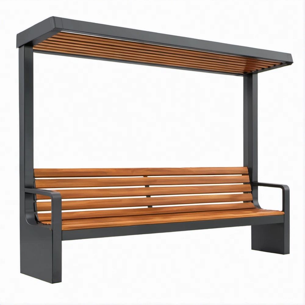 Banco de Jardim com Cobertura em Aço Preto e Madeira Castanha 150 x 70 x 200 cm