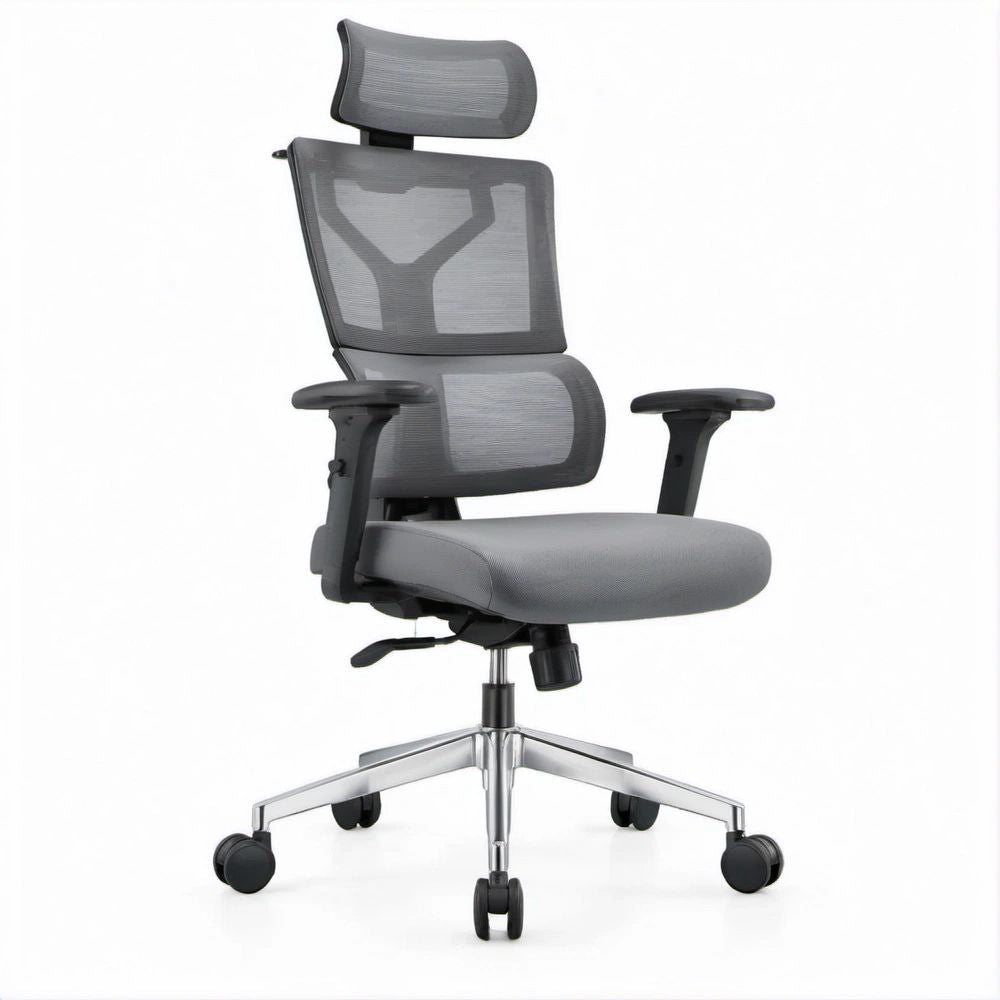 Cadeira de Escritório Ergonómica Giratória em Malha Cinzenta com Apoio de Cabeça, 66 x 66 x 118-128 cm